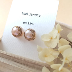 蒔絵パールピアス / 桃色木の葉のリース/maki-e pearl earrings/pink leaf wreath 5枚目の画像
