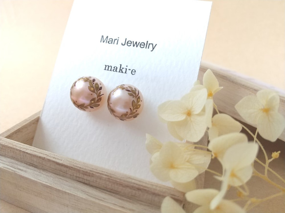 蒔絵パールピアス / 桃色木の葉のリース/maki-e pearl earrings/pink leaf wreath 5枚目の画像