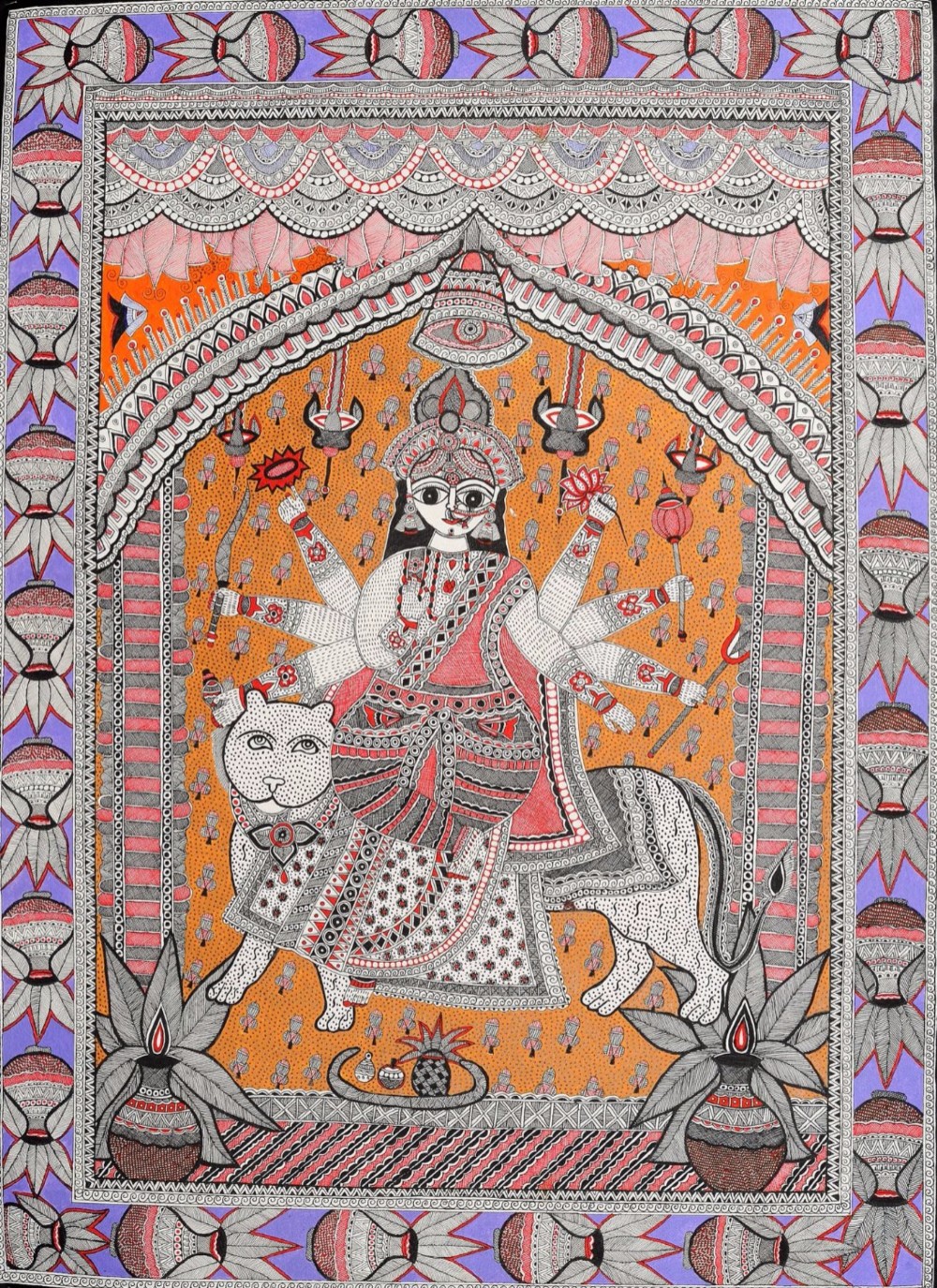 値下げインド民俗絵画ミティーラ画　生命の木とライオン　Satta Narayan