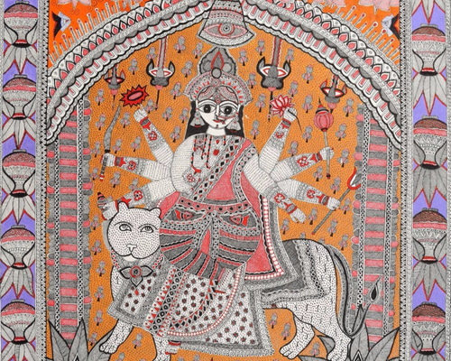 値下げインド民俗絵画ミティーラ画生命の木とライオンSatta Narayan