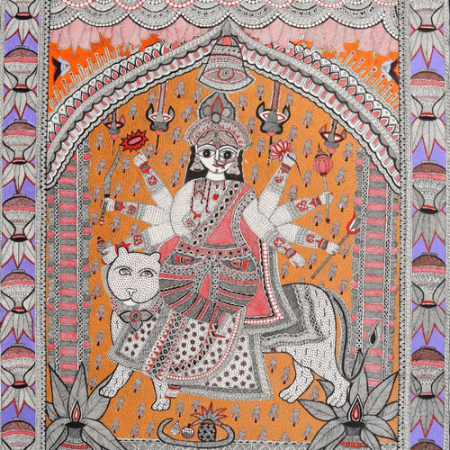 送料無料キャンペーン中☆ミティラー画☆ライオンにまたがる女神デビ