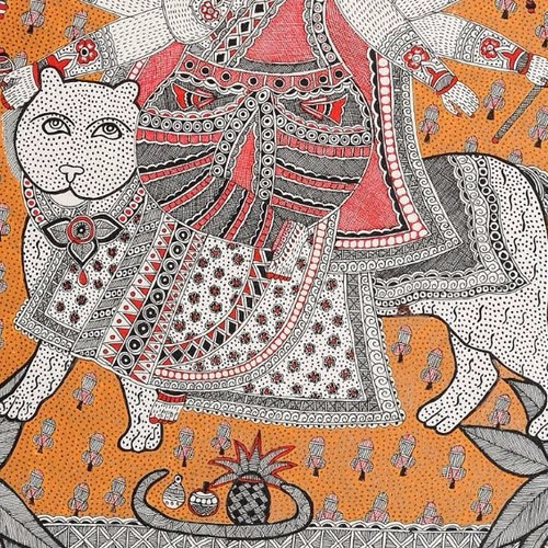 送料無料キャンペーン中☆ミティラー画☆ライオンにまたがる女神デビ