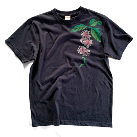 送料無料☆　型染め　サガリバナのTシャツ　ネイビー　ステンシル　 2枚目の画像