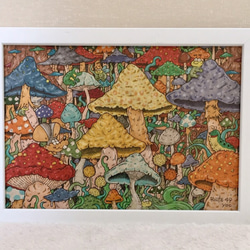 ✴️【原画】『キノコ谷で読書』（動物画 リス 植物 森林 きのこ