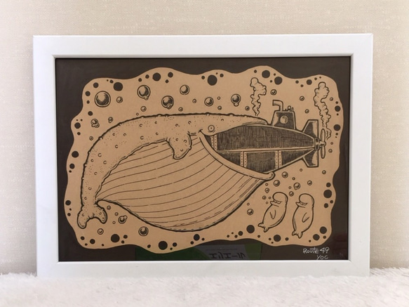 バクリッッ！！！　クジラ　インク　モノクロ　ペン　原画　ポップ　アート 1枚目の画像