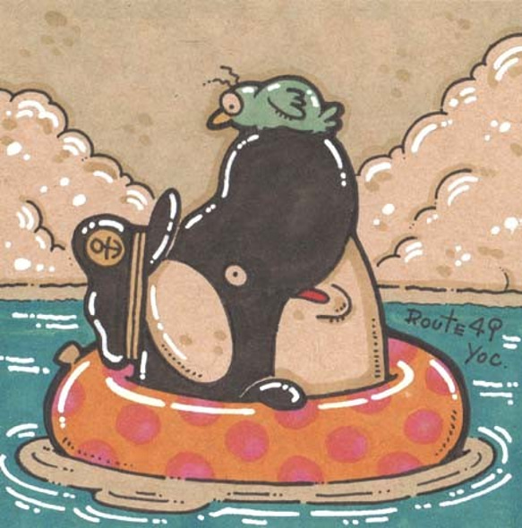 浮き輪とキャプテン・シャドック　　海　シャチ　アート　イラスト　原画 1枚目の画像