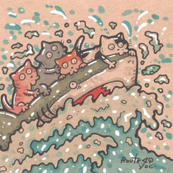 波乗り　猫　アート　サメ　波　原画　 1枚目の画像