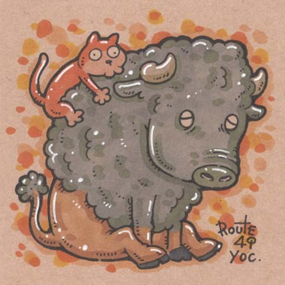 アメリカバイソンとネコ　　動物　原画　マーカー　牛　猫　干支 1枚目の画像