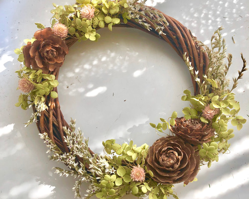 ＊Natural＊アナベルとルナリアのリース☆ドライフラワーリース アナベルと木ノ実のナチュラルリース♪ ドライフラワー yulia 通販