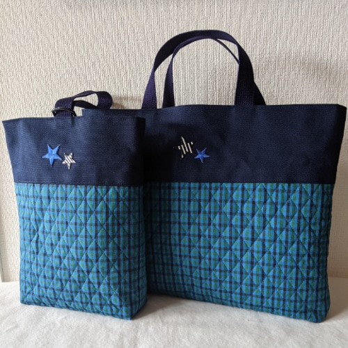 入園入学準備品　レッスンバッグ　紺チェック　ファミリアワッペン・ワッペン他 ファミリアレッスンバッグ 手さげ お教室 小学校受験 紺 チェック ネイビー