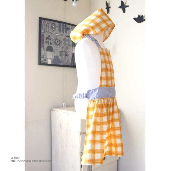 【100-120】キッズエプロン・三角巾セット　オレンジチェック水彩　女の子用ギャザーエプロン 4枚目の画像