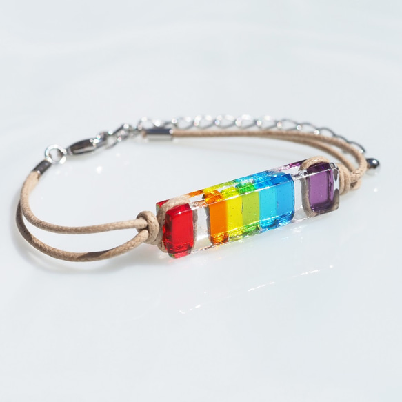 彩虹色玻璃「彩虹[7色]」手鍊/腳鍊[可以選擇繩子的顏色][可以選擇任意長度或金屬]≪免運費≫ 第1張的照片