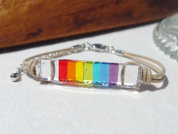彩虹色玻璃「彩虹[大][7種顏色]」手鍊/腳鍊[可以選擇繩子的顏色][可以選擇任意長度或金屬]≪免運費≫ 第1張的照片