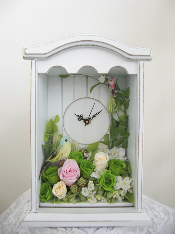 花ギフト・花時計・「野鳥の囀り」プリザーブドフラワー　        ご自分のお部屋に・贈り物・お祝いなど・・・ 2枚目の画像
