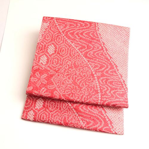 正絹 仕立上り 名古屋帯 絞り ピンク 長尺 和装小物（帯・半襟） 枯淡