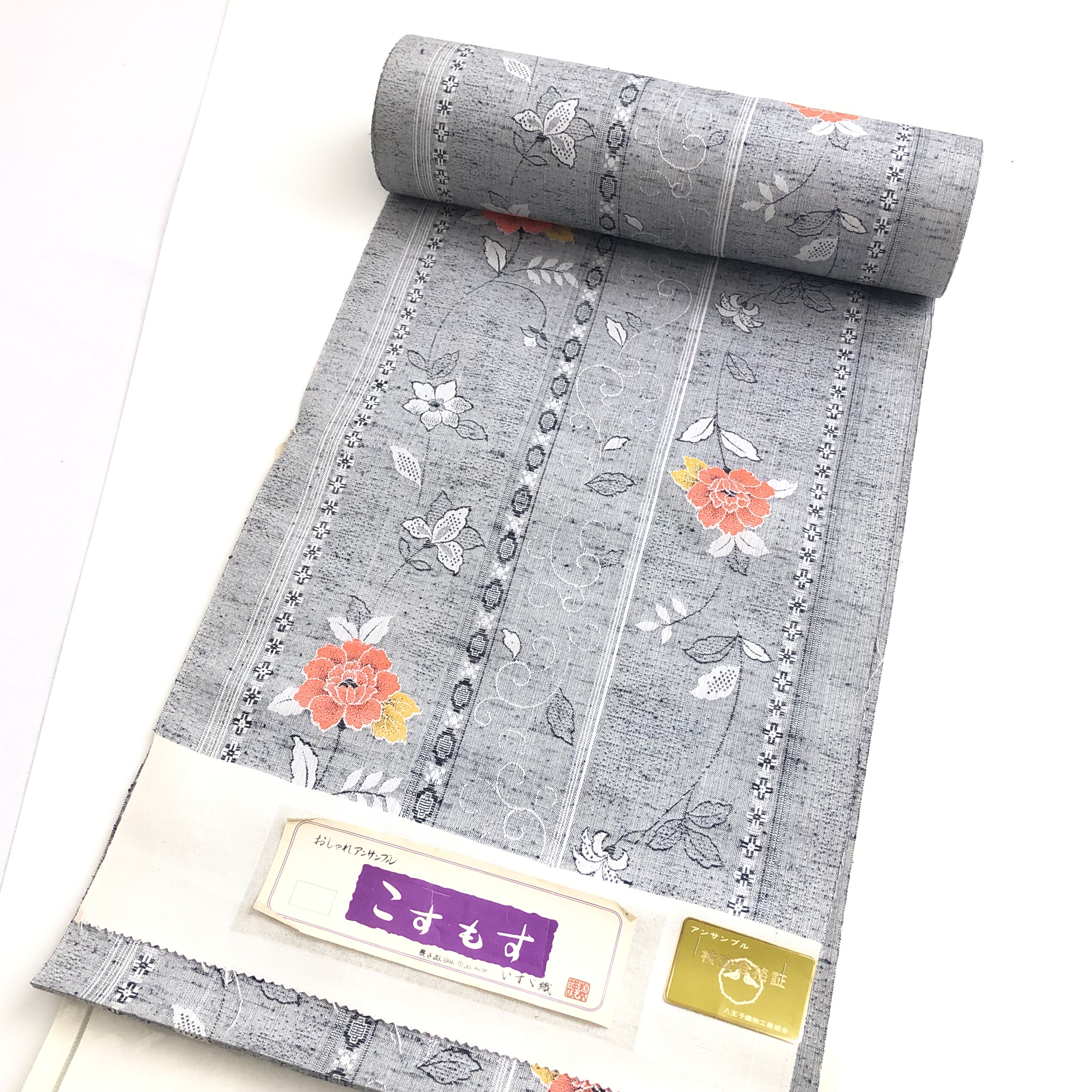 シルクウール　化繊混　アンサンブル　反物　グレー　花柄