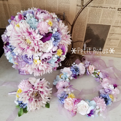 ドレスに合わせてオーダーブーケ【結婚式】ウェディングブーケ・花冠・ブライダルアイテム✨パープル・紫系 6枚目の画像