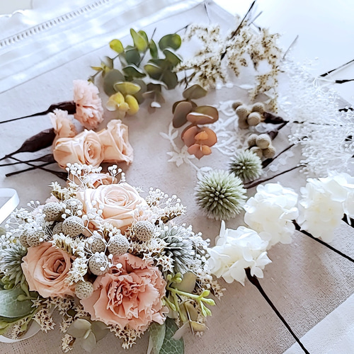 ⋆3点set⋆ くすみヌードピンク：野の花ヘッドドレス⋆リストブーケ  