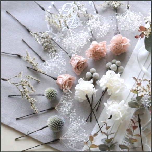 ⋆3点set⋆ くすみヌードピンク：野の花ヘッドドレス⋆リストブーケ⋆ブートニア 7枚目の画像