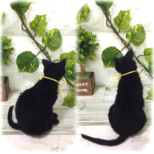 羊毛フェルト　黒猫　子猫　猫　お座り　ハンドメイド　置き物 ハロウィン飾り】魔女こさん と 黒猫 羊毛フェルト 羊毛フェルト