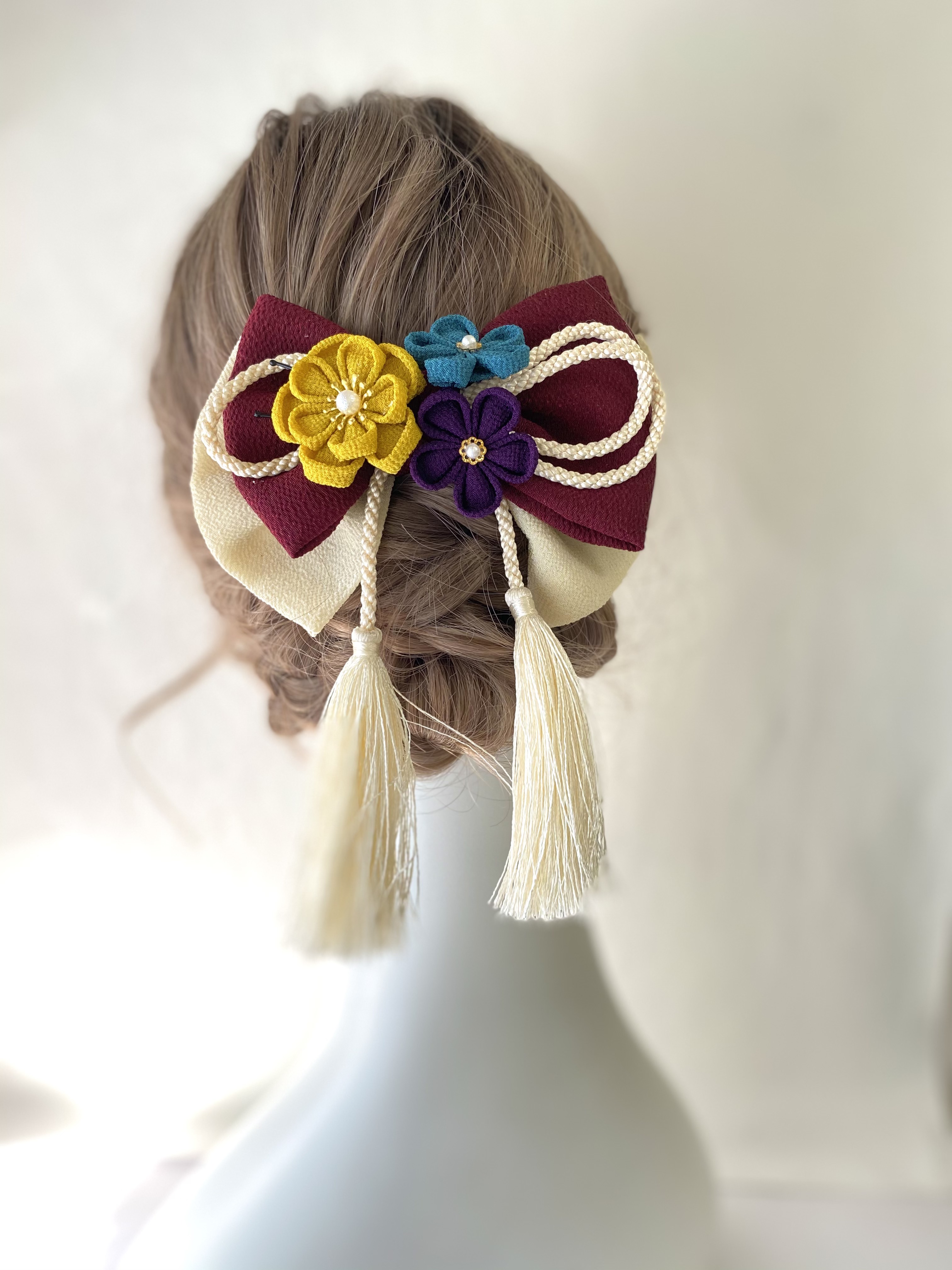 成人式　髪飾り　和装　ワインレッド　つまみ細工　水引　りぼん　 卒業式　結婚式