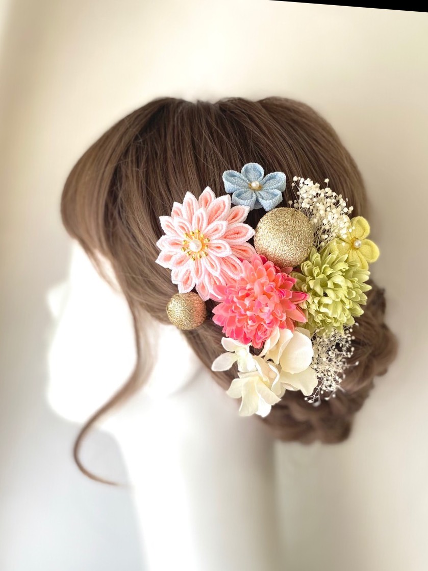 成人式　髪飾り　和装　パステル　つまみ細工　マム　和玉　 卒業式　結婚式