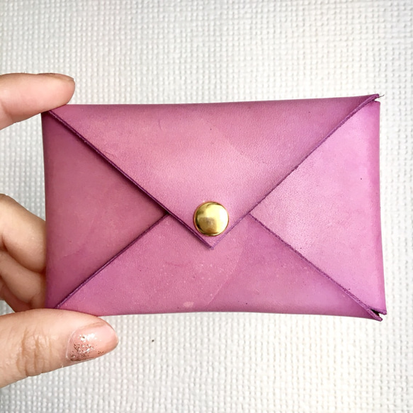 カードケース一枚革の手染め 青みピンク 2枚目の画像