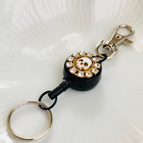 スワロフスキー デコ リールキーホルダー BK ☆ ホワイトスカル