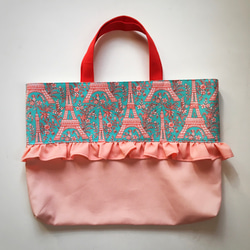 エッフェル塔●フリルのレッスンバッグ　手提げ袋●ピンク 3枚目の画像
