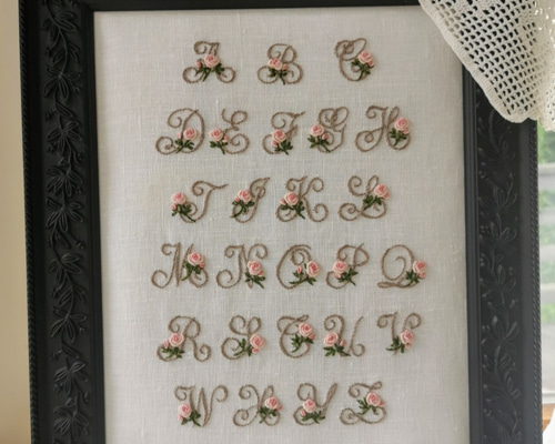 アンティーク サンプラー 手刺繍 アルファベット 手仕事 レース