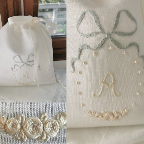 フランスアンティークリボン刺繍ミニクッション＆ハンドペイントハンキーケースset アンティークリボン刺繍ハンキーケース - アンティークモール＆蚤の市