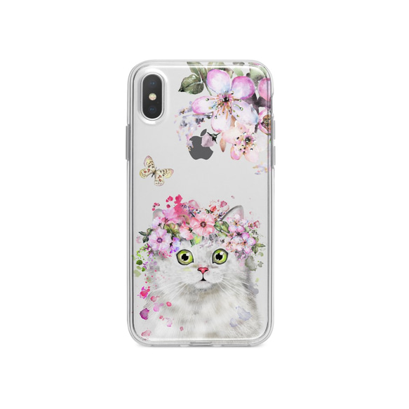 Cat with flower ハードケース 全機種対応 白色携帯勧め 人気プレゼント アクセサリー 携帯 1枚目の画像