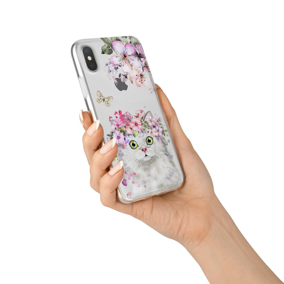 Cat with flower ハードケース 全機種対応 白色携帯勧め 人気プレゼント アクセサリー 携帯 3枚目の画像