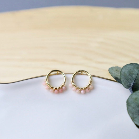 ｛ピアス/イヤリング｝14kgf/half fleur earrings ピンクオパール〔10月誕生石〕 1枚目の画像