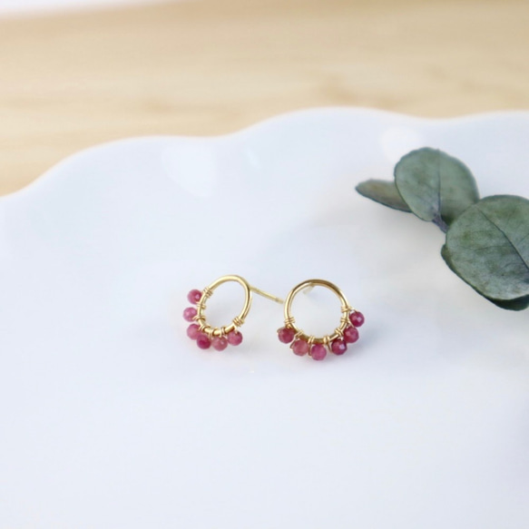 ｛ピアス/イヤリング｝14kgf/half fleur earrings ピンクトルマリン〔10月誕生石〕 2枚目の画像