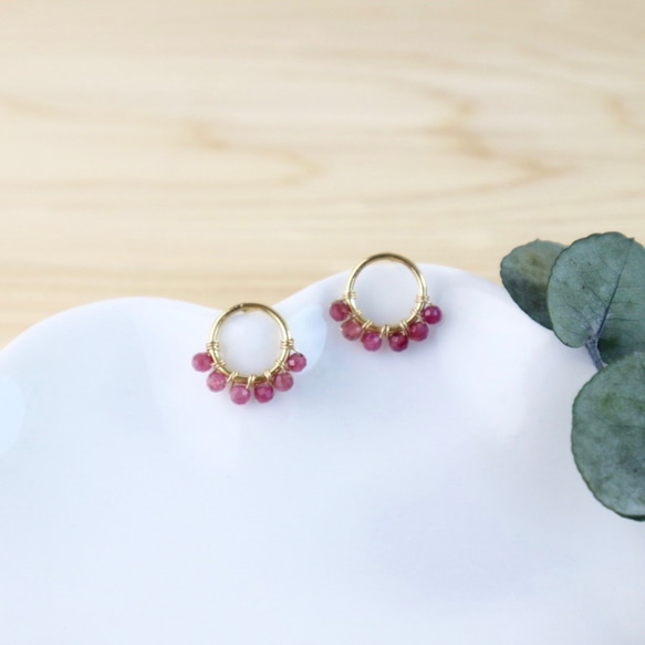 ｛ピアス/イヤリング｝14kgf/half fleur earrings ピンクトルマリン〔10月誕生石〕 3枚目の画像