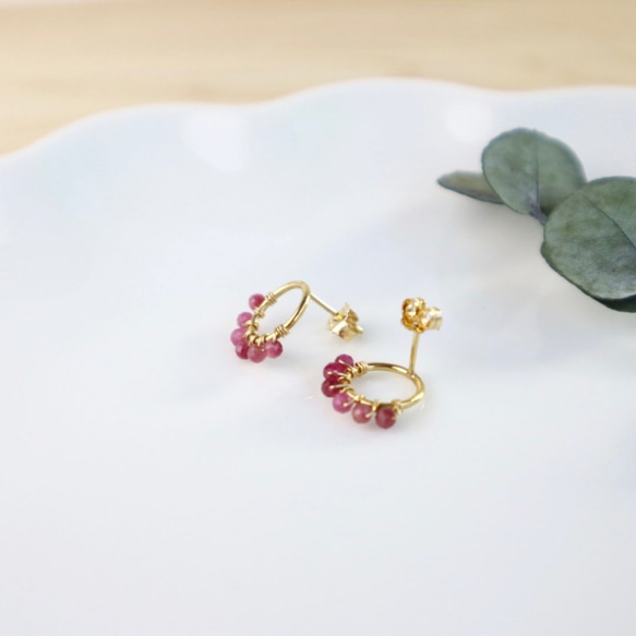 ｛ピアス/イヤリング｝14kgf/half fleur earrings ピンクトルマリン〔10月誕生石〕 4枚目の画像