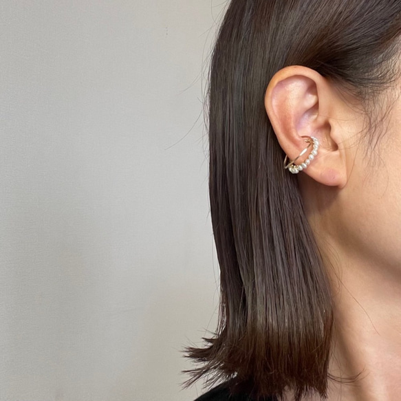 ｛イヤーカフ｝ 14kgf/pearl 2line ear cuff(片耳） 8枚目の画像