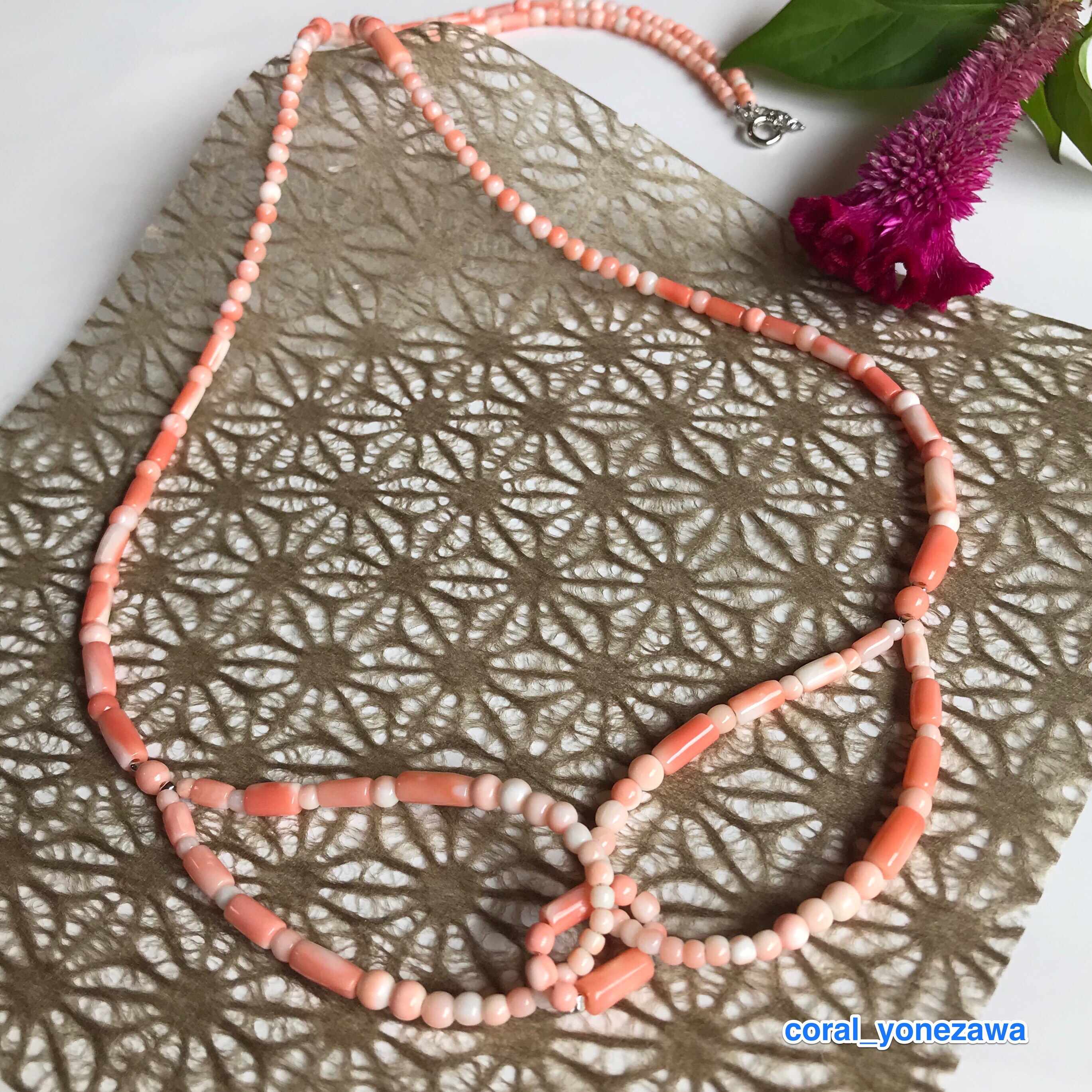 New花香オリジナルロングネックレス・もも色珊瑚『絆』