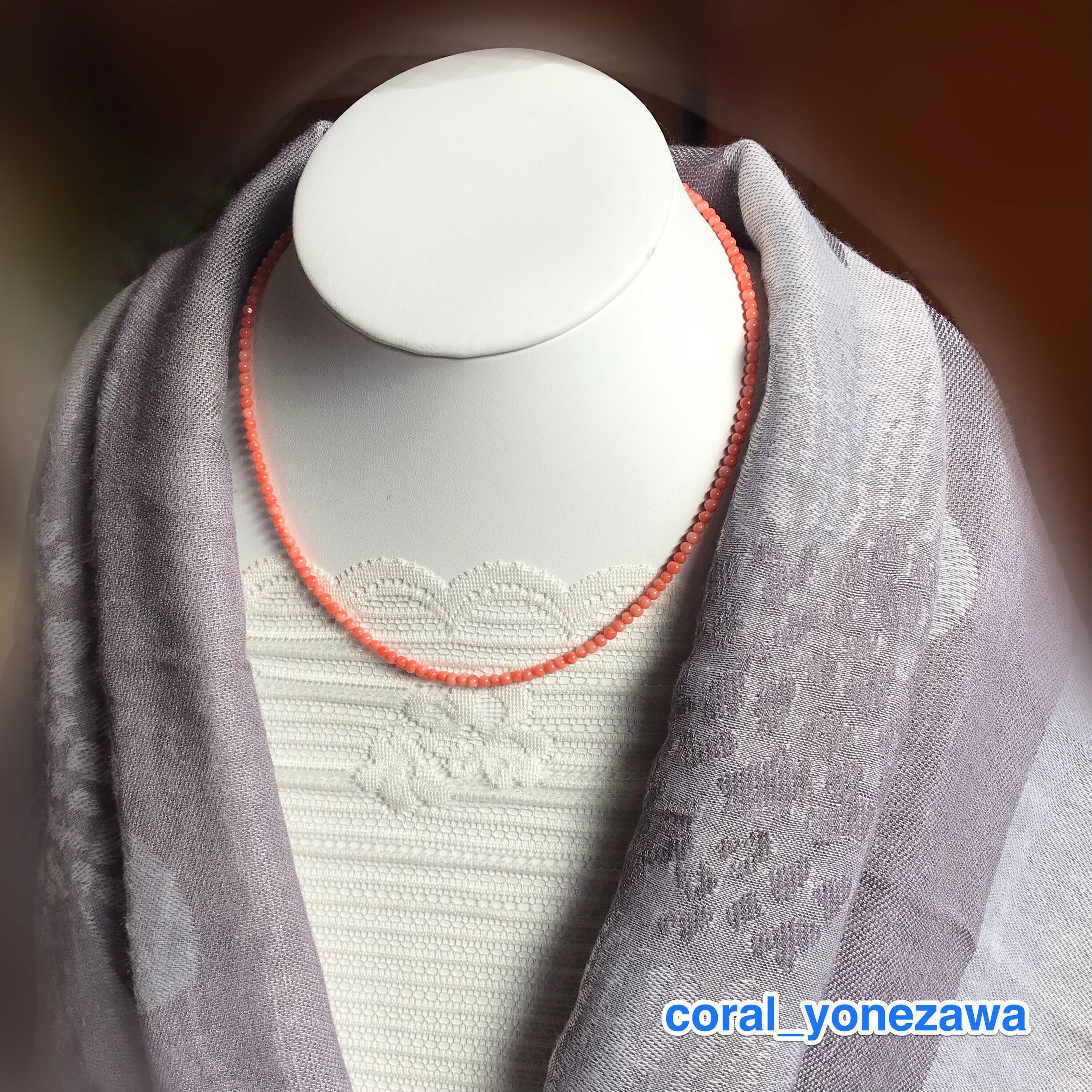 ピンク珊瑚約2、5ミリ玉シンプル華奢ラインネックレスR30214