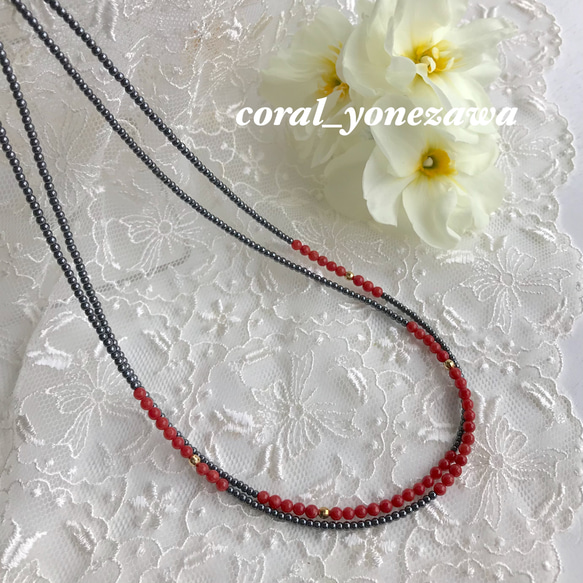 赤珊瑚・K18入りオリジナルデザイン2連ネックレス（留め金K18）R30410 1枚目の画像