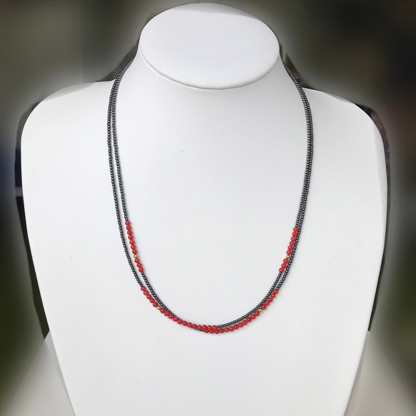 赤珊瑚・K18入りオリジナルデザイン2連ネックレス（留め金K18）R30410 4枚目の画像