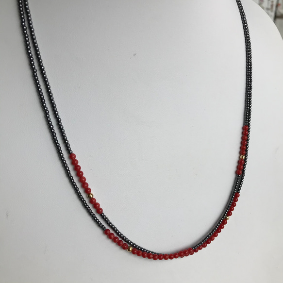 赤珊瑚・K18入りオリジナルデザイン2連ネックレス（留め金K18）R30410 6枚目の画像