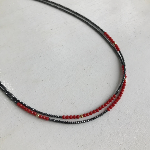 赤珊瑚・K18入りオリジナルデザイン2連ネックレス（留め金K18）R30410 7枚目の画像