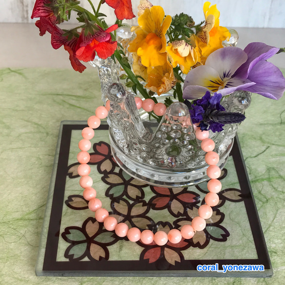 春色ブレスレット・ピンク珊瑚『桜』シリコンゴム通し 3枚目の画像