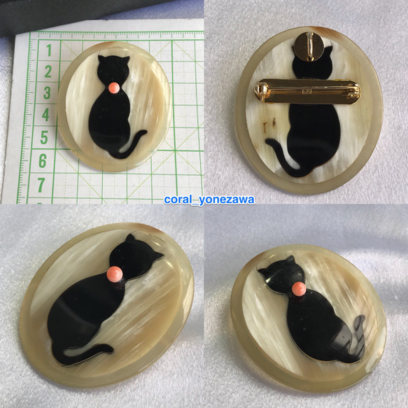アウトレットSALE☆水牛猫のシルエットブローチピンク珊瑚玉付き（ペンダント兼用） 4枚目の画像