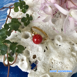 土佐沖赤珊瑚玉約8.5㎜K18ダイヤ入り指輪☆特別価格にて出品 1枚目の画像