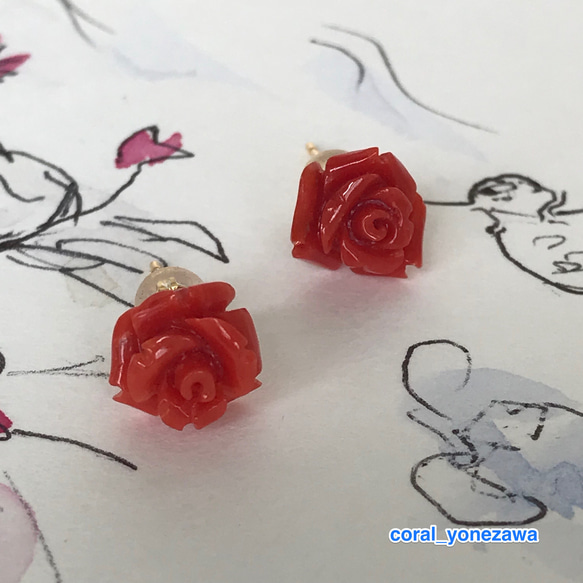 華やかな美しさ赤い薔薇のピアス【赤珊瑚・K18 】 1枚目の画像