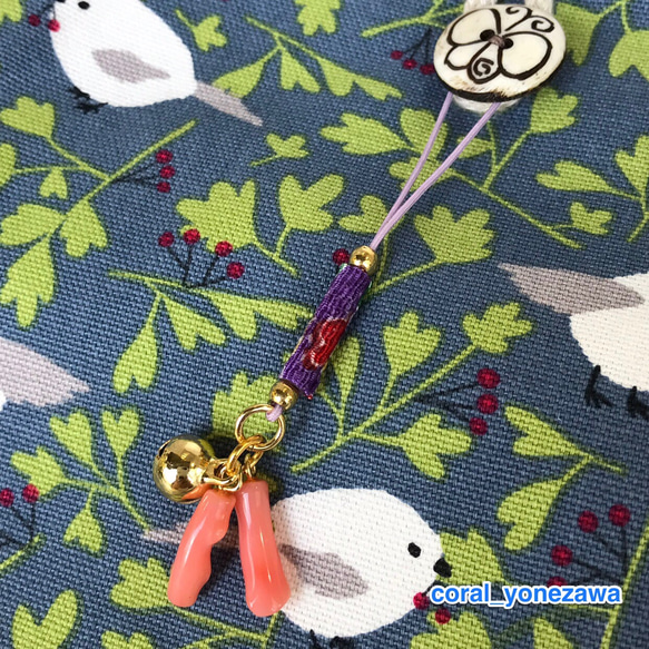 『Creema限定』新春・新調・招福☆ピンク珊瑚の根付・紫和柄 2枚目の画像