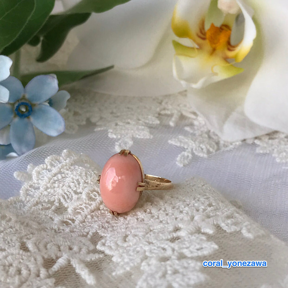 アウトレットSALE☆正統派・シンプル・可愛いピンク珊瑚楕円・K18指輪 4枚目の画像